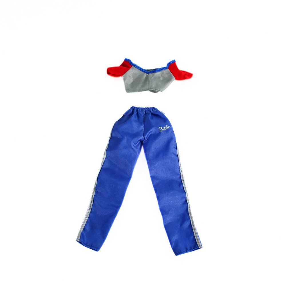 Vintage 1999 Barbie Jogging Set – Blue Pants with Silver Stripe, Gray & Red Top